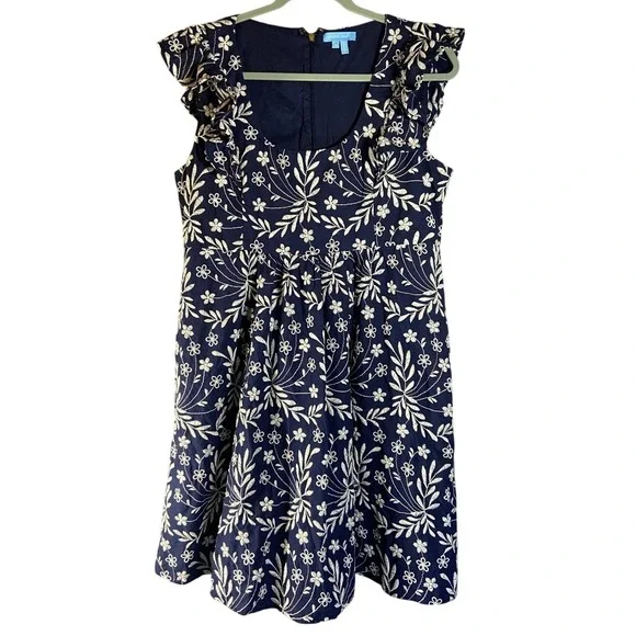Draper James Navy Blue Floral Embroidered Flutter Sleeve Dress Size 12 Brunch - Picture 1 of 12